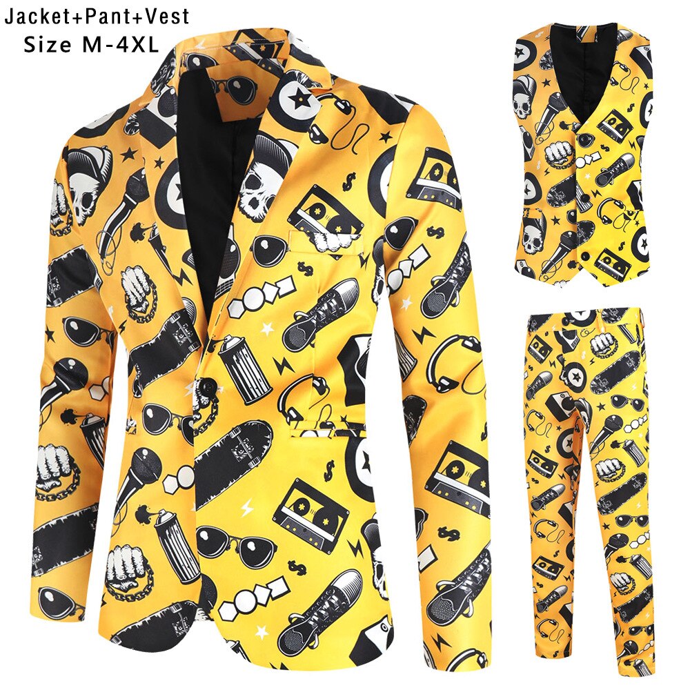 Fashion Hip Hop Printed Yellow Blazer Sets Men (Jackets + Pants + Vest ) Autumn Spring Club Prom 3 Pieces Suits Terno Masculino