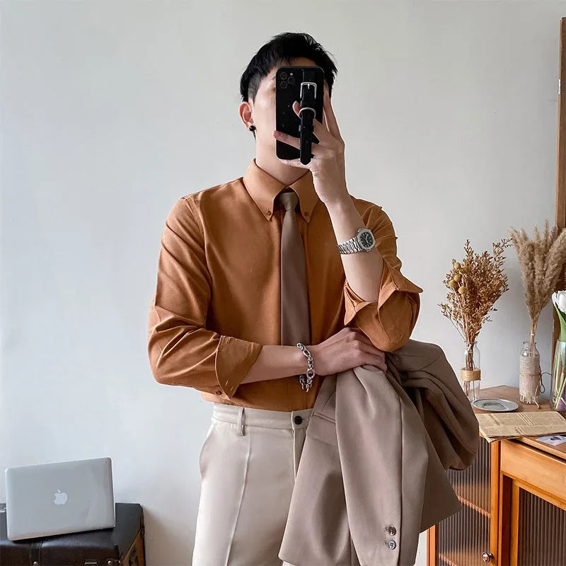 Spring New 2025 Long-sleeved Shirt for Men's Business British Style Gentleman Korean Style Slim Fit Trendy Cardigan