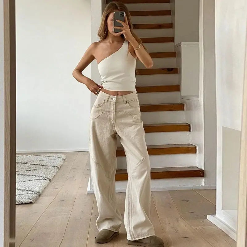 Beige Jeans Women Trendy European Style Loose Casual High Waist Spring All-match Streetwear Ins Hotsweet Simple New Full Length