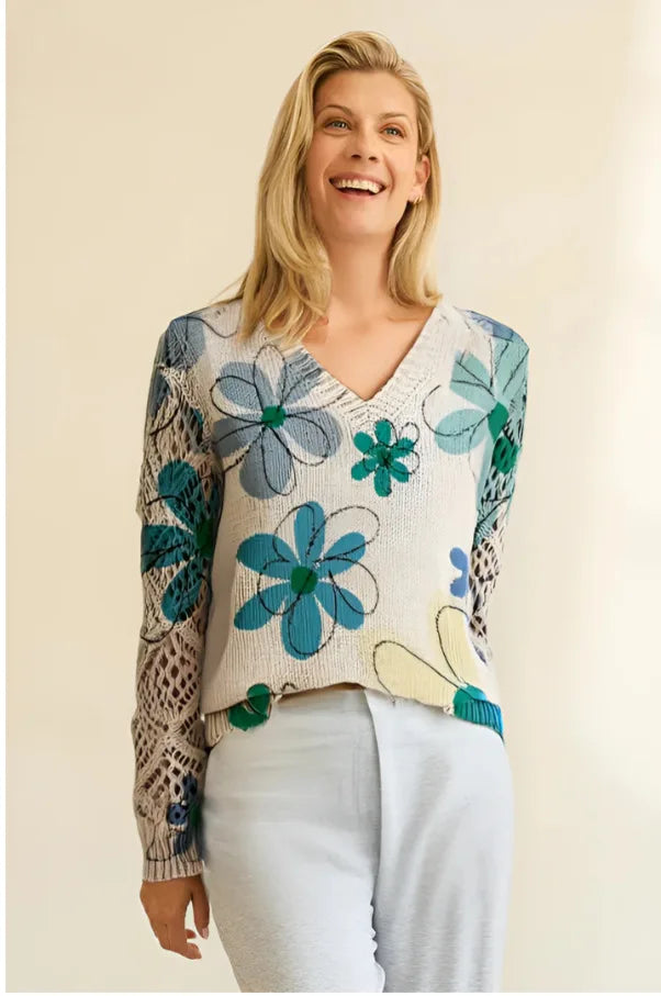 Elegant Bohemian Floral V-neck Long Sleeved Top Fashionable V-neck Pullover Hollow Printed Sweater Pullover 2025 Casual Knitwear