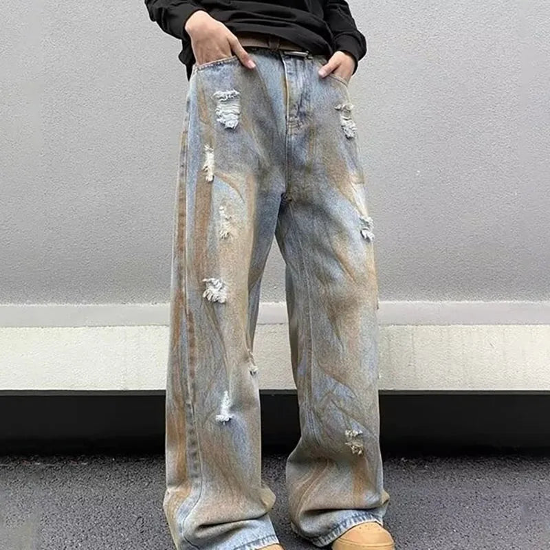 Japanese Straight Leg Jeans For Men Loose Wide Leg Pants Fashion Casual Ripped Jeans Vintage Y2k Jeans