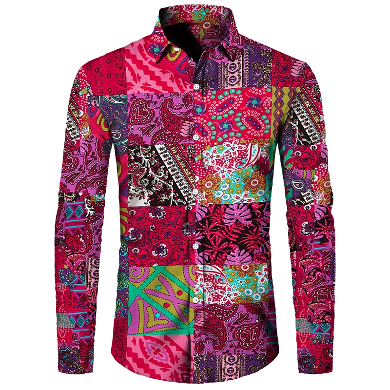 Men's Long Sleeved Button Up Shirt Autumn Comfortable Lapel Shirt Retro Ethnic Style Mens Long Sleeved Trend Street Men Clothing