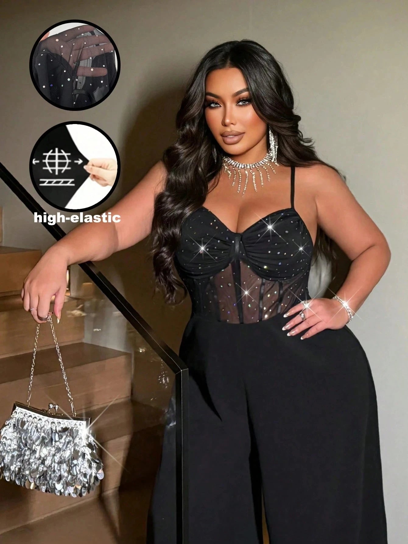 Large size women's sexy party suspender with shiny and shiny elastic mesh wide leg jumpsuit and fashionable jumpsuit