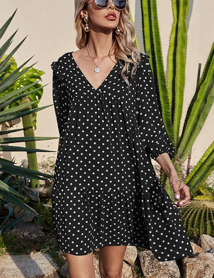 Aachoae Sexy Women Casual Loose Polka Dot Dress V Neck Pleated Chiffon Dress