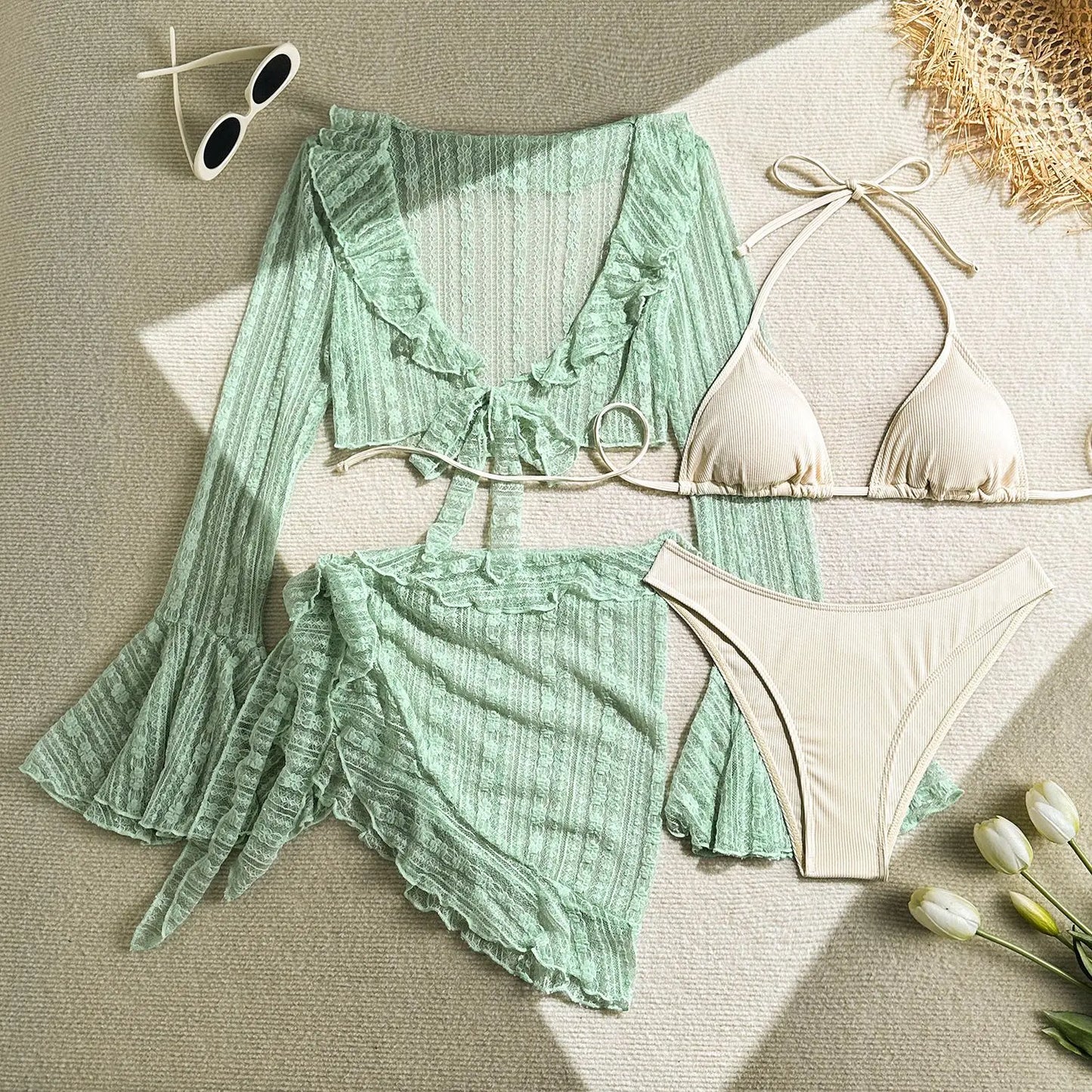 2025 new lace mesh four-piece swimsuit split bikini swimsuit