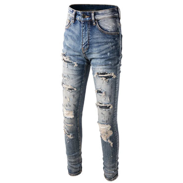 High Street Fashion Men Jeans Retro Blue Elastic Slim Fit Destroyed Ripped Jeans Men Beading Patch Designer Brand Hip Hop Pants