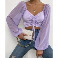 Chiffon Drawstring Crop Top Women Spring Summer Lantern Sleeve V-Neck Fashion Blouses Hight Street Skinny Sexy Shirt Y2K Clothes