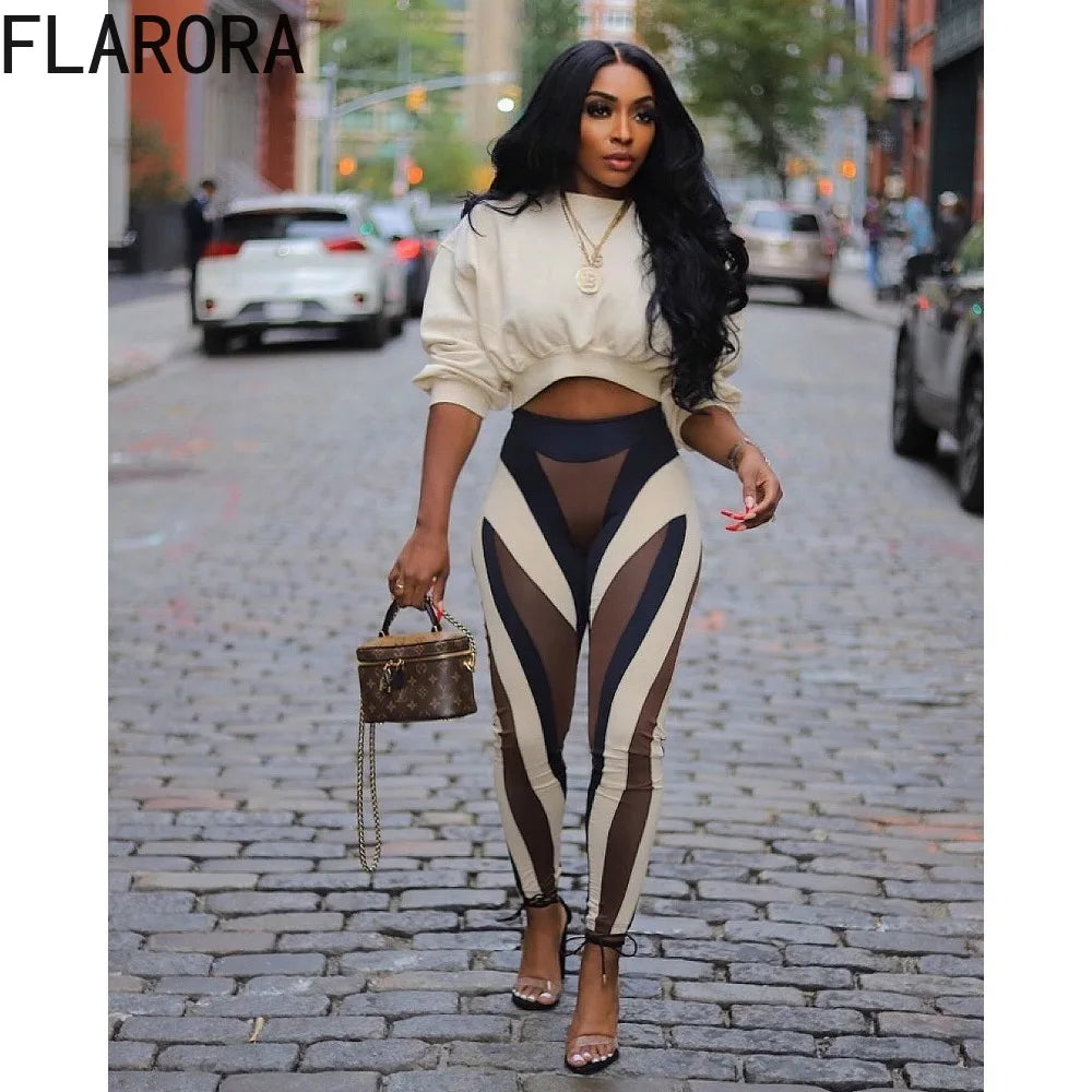 FLARORA Fashion Stripe Print 2 Pcs Sets Woman Round Neck Long Sleeve Crop Tops And Skinny Pants Outfits Fall Street Tracksuits