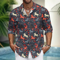 Hawaiian Button Up Shirts Equestrian Bloom Horse Floral Printed Full Sleeve Streetwear Casual Men Summer Vacay Beach Parties