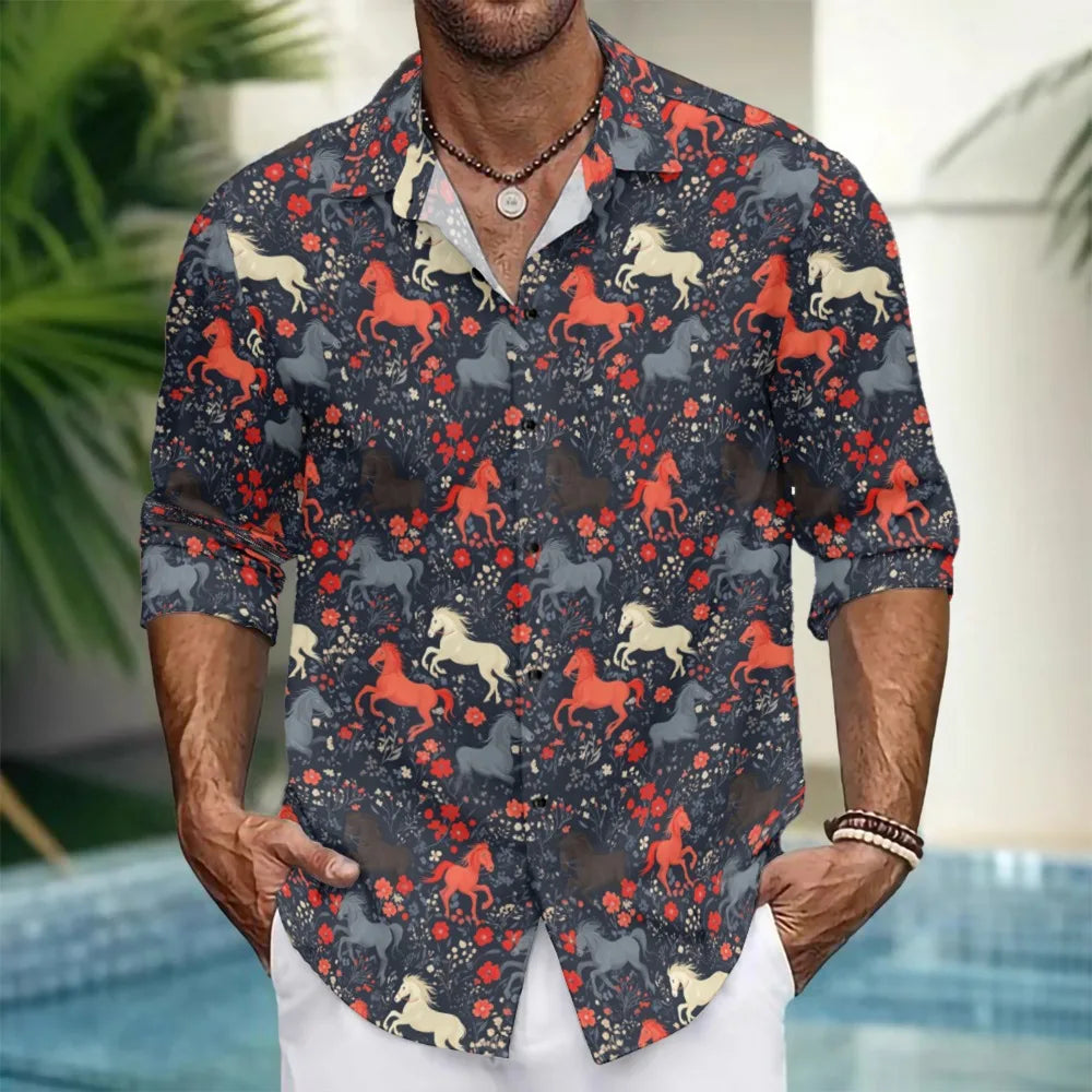 Hawaiian Button Up Shirts Equestrian Bloom Horse Floral Printed Full Sleeve Streetwear Casual Men Summer Vacay Beach Parties