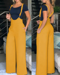 Spring Summer Casual Solid Strap Jumpsuit  Women Fashion High Waist Strap Wide Leg Bodysuit Women