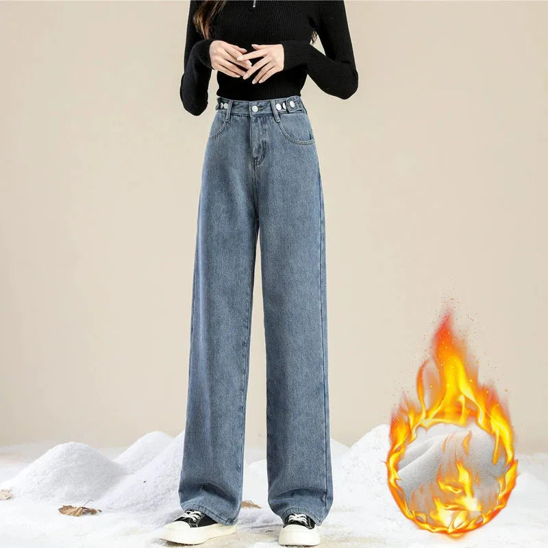 Plus Velvet Denim Pants for Women Autumn Winter New Thickened Baggy Straight Jeans Ladies Casual Versatile Wide Leg Trousers
