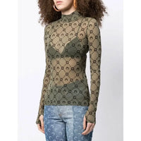 Spring Fashion and Sexy Perspective Women's Pullover Mesh T-Shirt New Semi High Neck Long Sleeved Slim Fit Elastic Women T-Shirt
