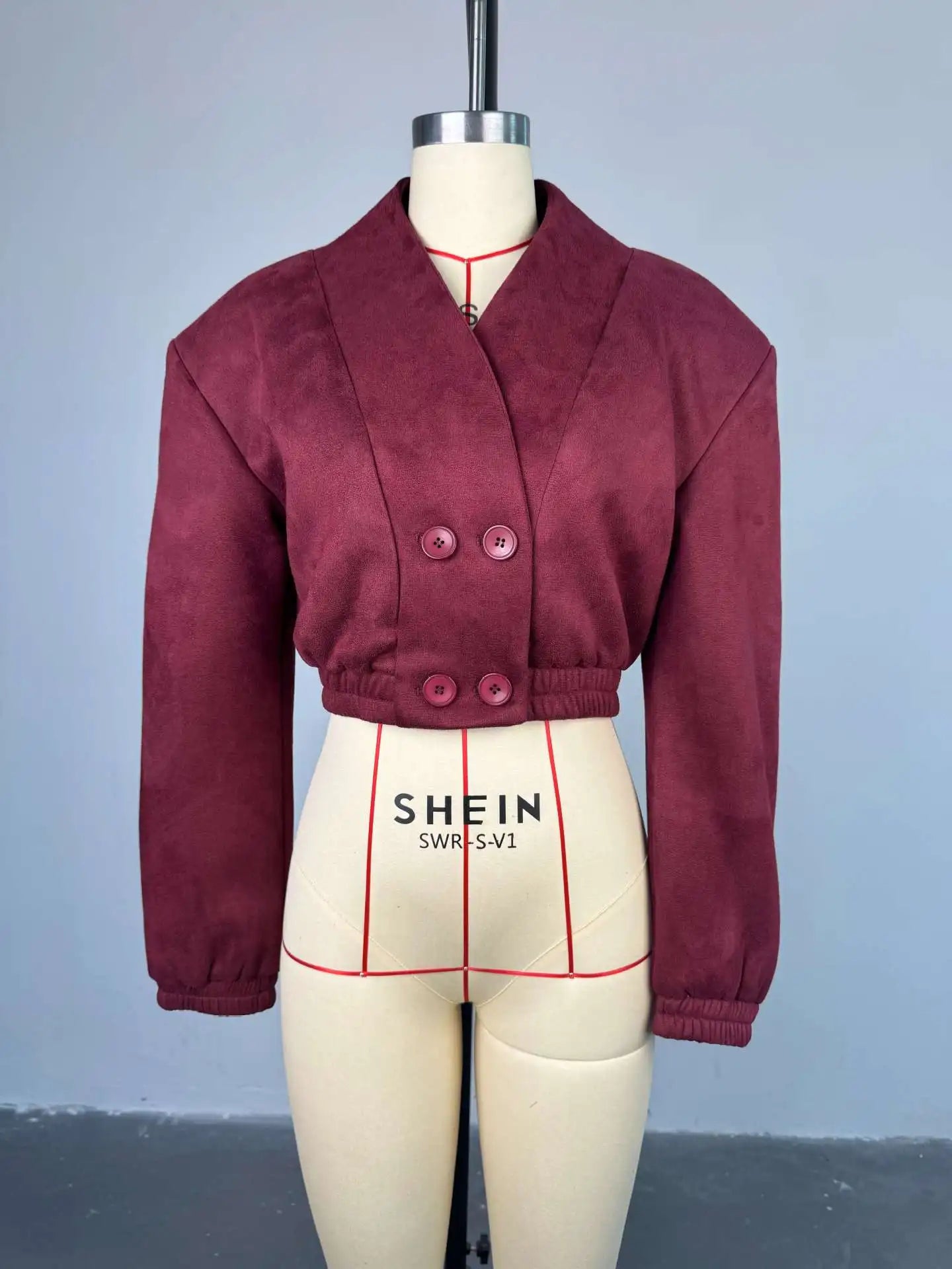 Women's Solid Color Long Sleeved Fashionable Wine Red Slim Fit V-neck Double Breasted Long Sleeved Top for Spring 2026