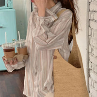 MEXZT Vintage Striped Shirts Women Korean Fashion Simple Long Sleeve Turn Down Collar Blouse Office Lady Casual Loose Thin Tops