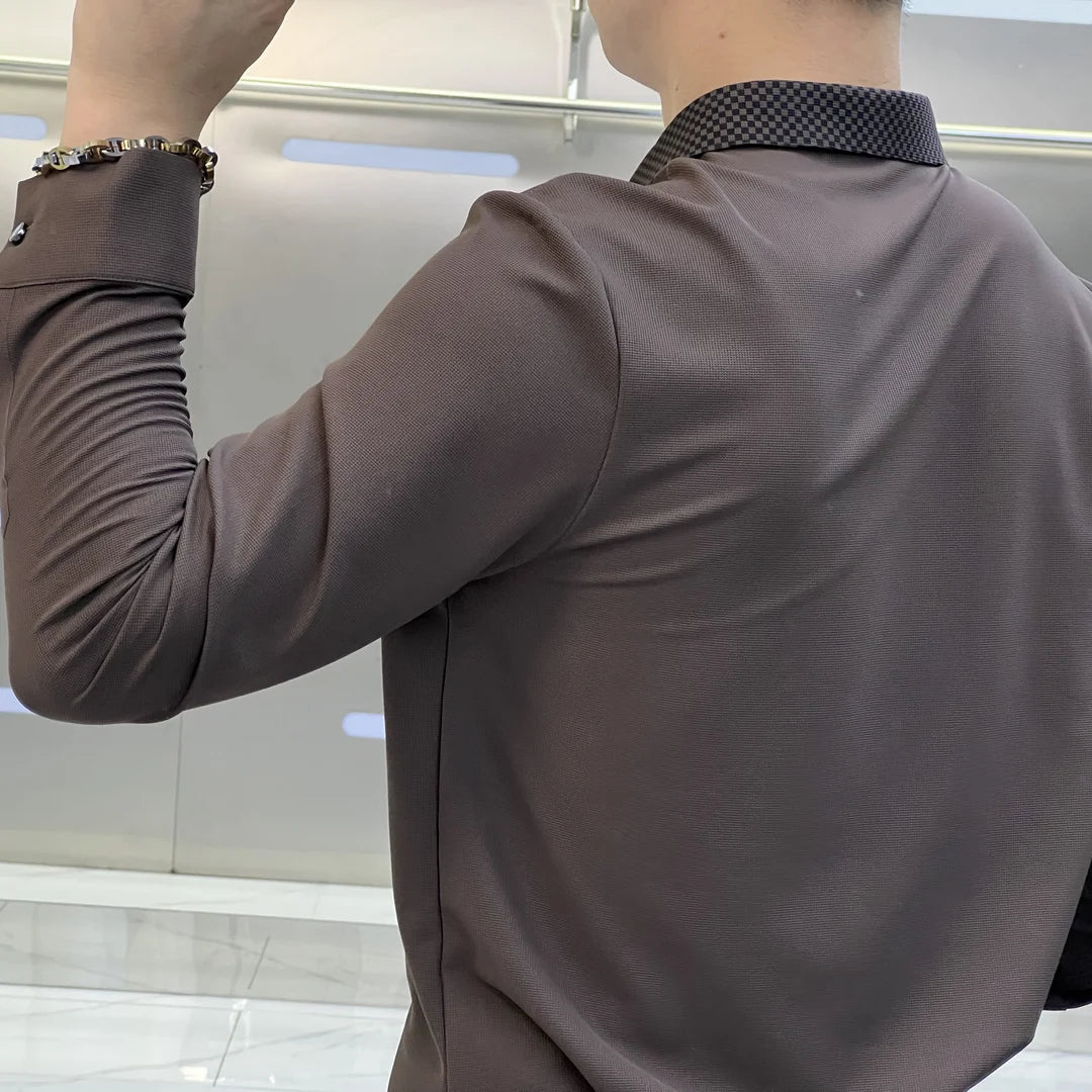 Autumn Men's Advanced Luxury Long Sleeve Shirt Square Neck Button Patchwork Ventilate Fashion Business Casual Versatile Slim Top