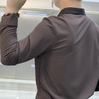 Autumn Men's Advanced Luxury Long Sleeve Shirt Square Neck Button Patchwork Ventilate Fashion Business Casual Versatile Slim Top