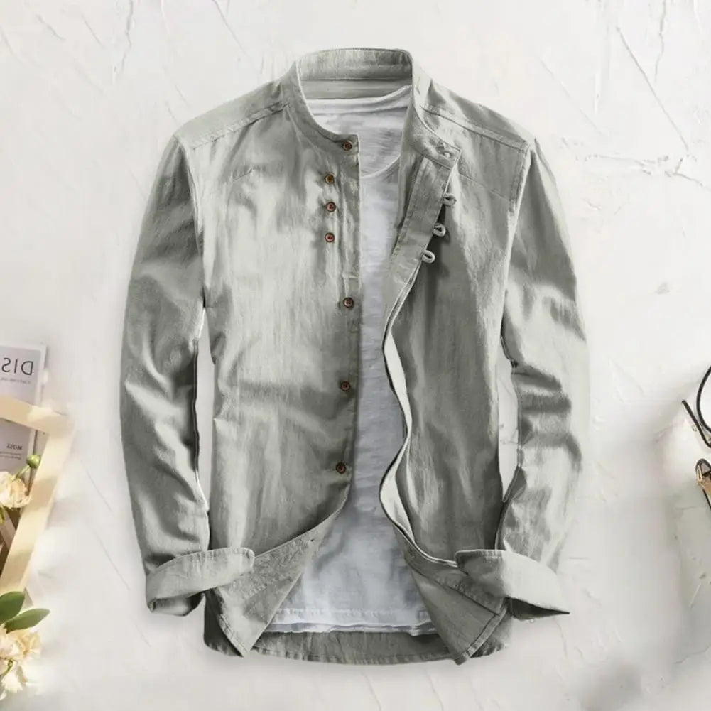 Men's Retro Buckle Long Sleeved Shirt 2025 Spring Autumn Casual Linen Buttoned Shirt Slim Fit Stand Up Collar Shirt Jacket