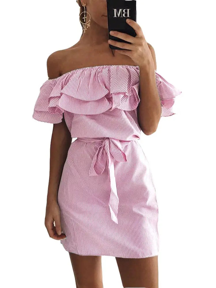 Off Shoulder Strapless Striped Ruffles Dress Women 2023 Summer Sundresses Beach Casual Shirt Short Mini Party Dresses Robe Femme