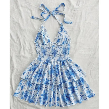 Women Vacation Style Retro Short Dresses Fashion Watercolor Rose Print Halter Lace-up Ruffled Decorative Dress 2025 Sexy Vestido