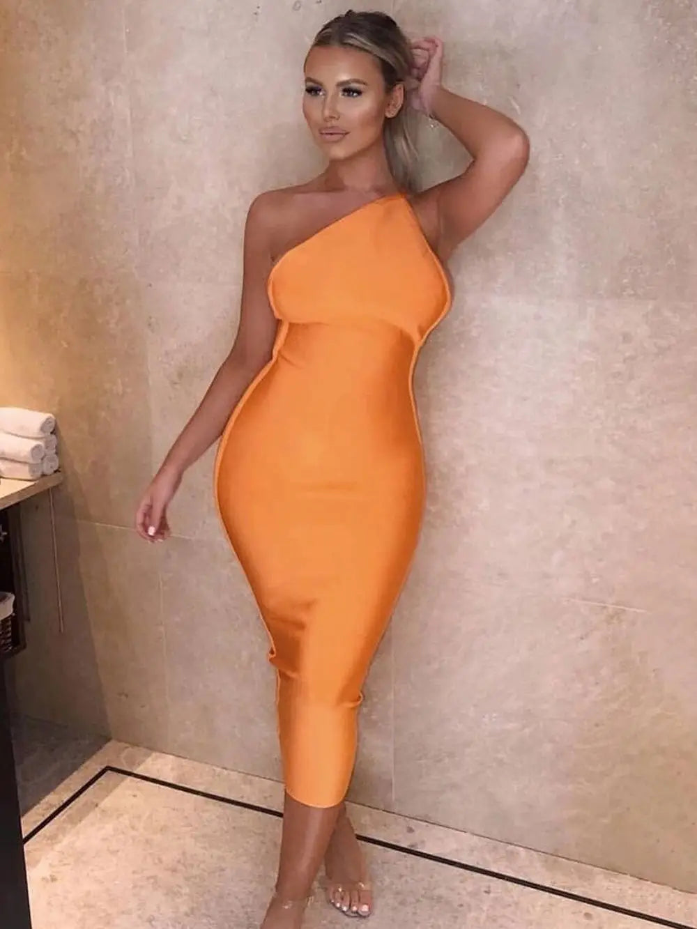 BEAUKEY 2023 Hot Orange Asymmetrical Backless Bandage Dress For Women Party Club Celebrity Midi Slim Vestidos Bodycon Cocktail