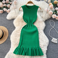 Summer Knitted Bodycon Sexy Dress 2026 O Neck Sleeveless Ruffled Party Sundress High Street Elastic Slim Short Dress