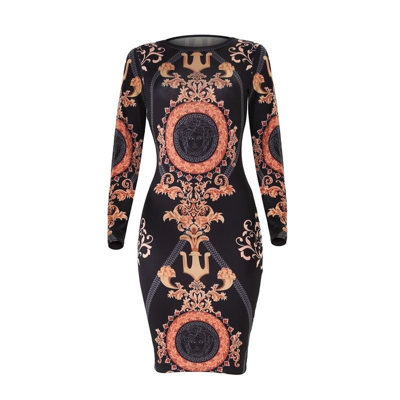 Women Spring Summer Sexy Print Bodycon Dress Long Sleeve Knee-length Casual Vintage Dress Elegant Slim Midi Party Dress Vestidos