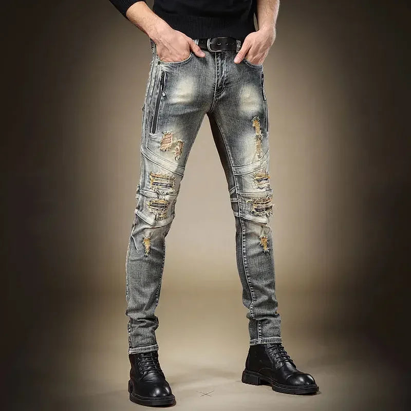 Broken Man Cowboy Pants with Holes Ripped Pockets Torn Tapered Jeans for Men Trousers Classic High Quality 2025 Trend Stacked Xs