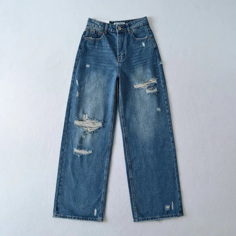 Women's Destroyed Jeans 2025 Spring Summer High Waist Loose Leg Floor-Length Distressed Denim Vintage Daily Staple