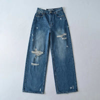 Women's Destroyed Jeans 2025 Spring Summer High Waist Loose Leg Floor-Length Distressed Denim Vintage Daily Staple