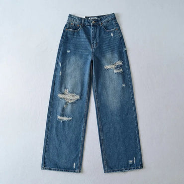 Women's Destroyed Jeans 2025 Spring Summer High Waist Loose Leg Floor-Length Distressed Denim Vintage Daily Staple
