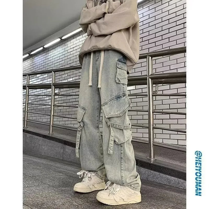2025 Mens Workwear Jeans Multiple Pockets Loose Straight Leg Spring Autumn Wide Casual Pants  Street Fashion Long Trousers