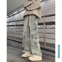 2025 Mens Workwear Jeans Multiple Pockets Loose Straight Leg Spring Autumn Wide Casual Pants  Street Fashion Long Trousers