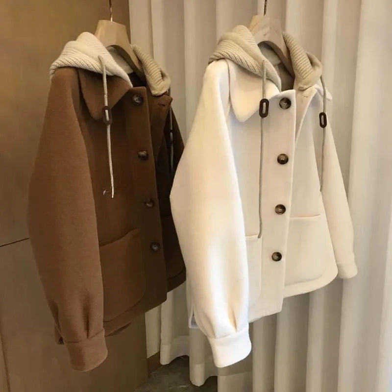 Coats Women Wool Blends Hooded Knitted Fake Two Pieces Single Breasted Coat Full Sleeve Casual Splice Jackets Autumn 2024