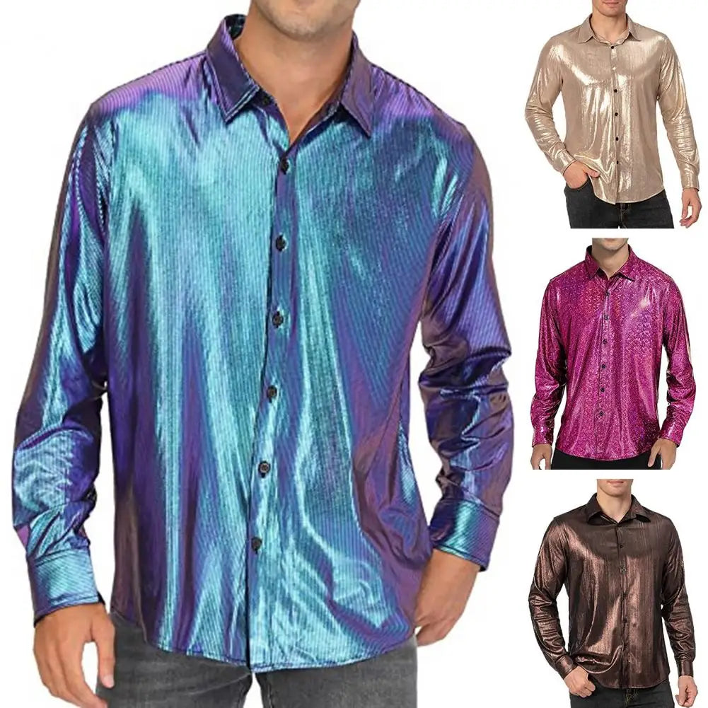 2025 Shirt Men Button Metallic Disco Shirt 70s Costume Men Gold Shirts For 70s Party Nightclub Wear Music Festival Men's Top