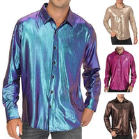 2025 Shirt Men Button Metallic Disco Shirt 70s Costume Men Gold Shirts For 70s Party Nightclub Wear Music Festival Men's Top
