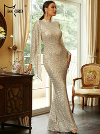 Missord Sequin Dubai Mermaid Hem Bodycon Muslim Dress Split Sleeve High Neck Women Evening Party Eid Djellaba Dresses