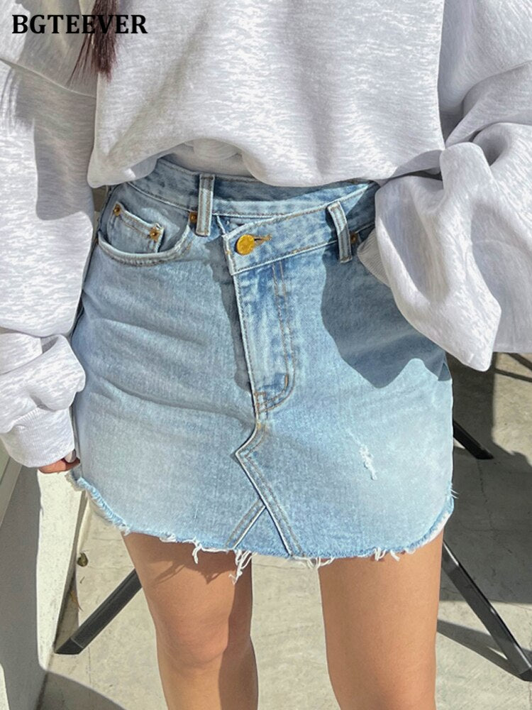 Sexy Stylish Inclined Button Women Denim Skirts Fashion High Waist Pockets Tassel Hem