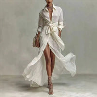Bohemian Elegant Lace-up High Waist Long Dress Woman New Turn-down Collar Hollow Party Dress Spring Long Sleeve Maxi Dress