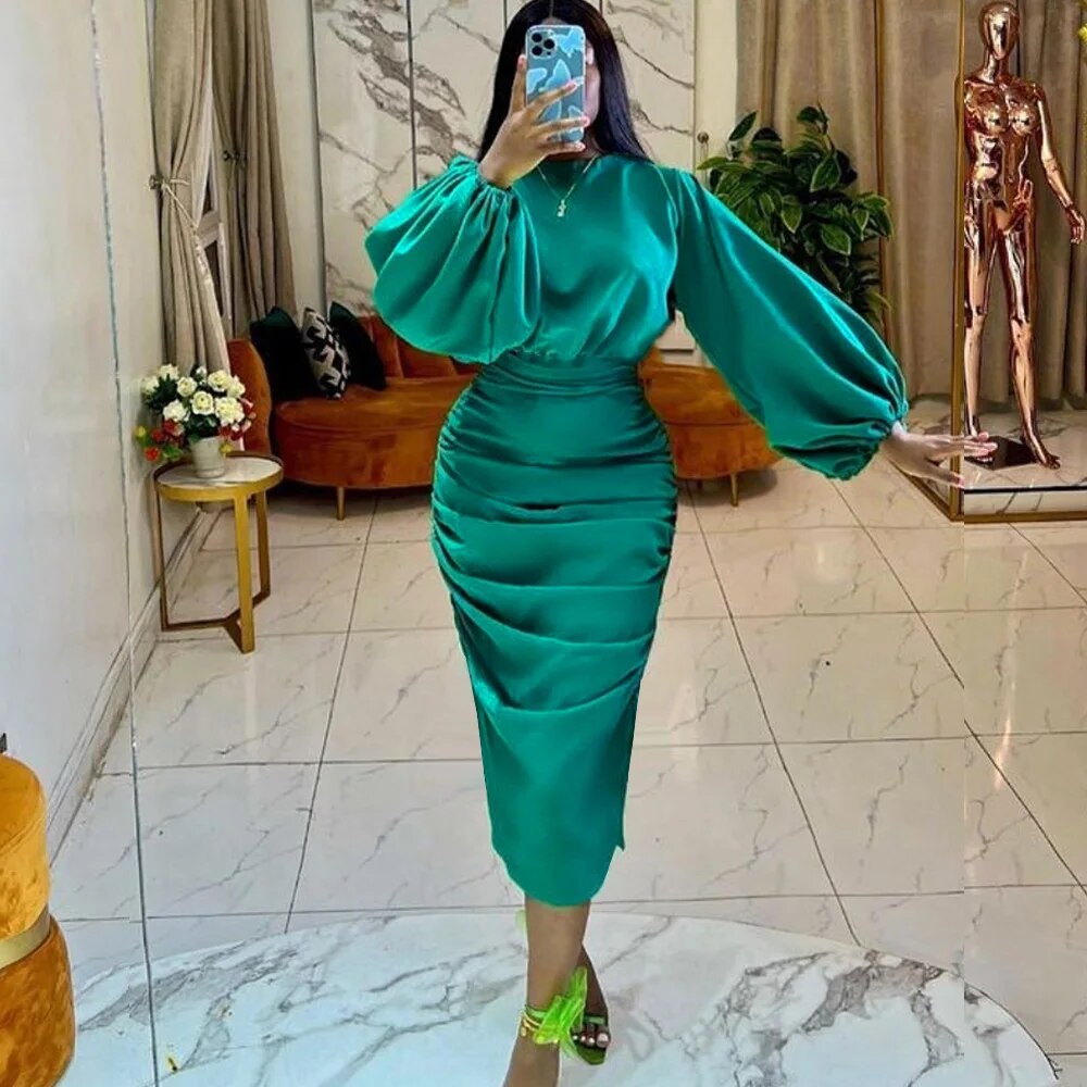 Long Sleeve Green Dresses Bodycon Elastic Satin Smocked Midi Dress Elegant Big Size Shiny Evening Christmas Party Church Outfits