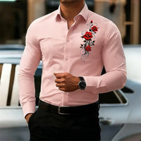 Men's long-sleeved shirt, featuring a vintage red rose print design.  A stylish business casual shirt and fashionable men's top.