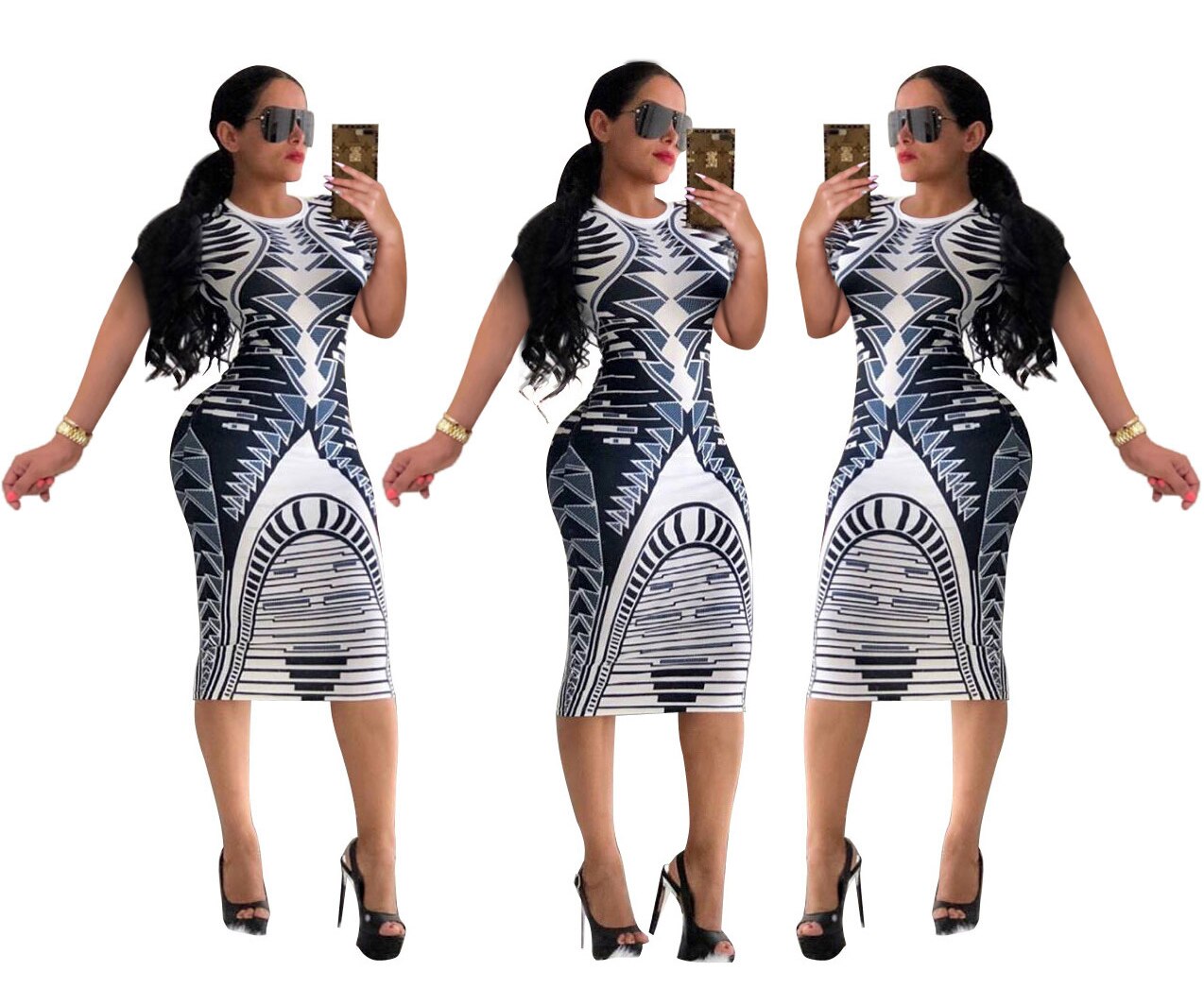 Multicolor Print Novelty Bodycon Sheath Dress Women Summer Long Sleeve Knee-Length Casual Dresses Elegant Slim Midi Robe Femme