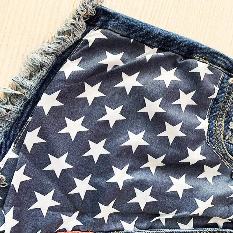 Denim Shorts Women Jeans Knee Length Pentagram Print Tassels Mid Waist Washed Distressed 2025 Streetwear Summer Short Pants