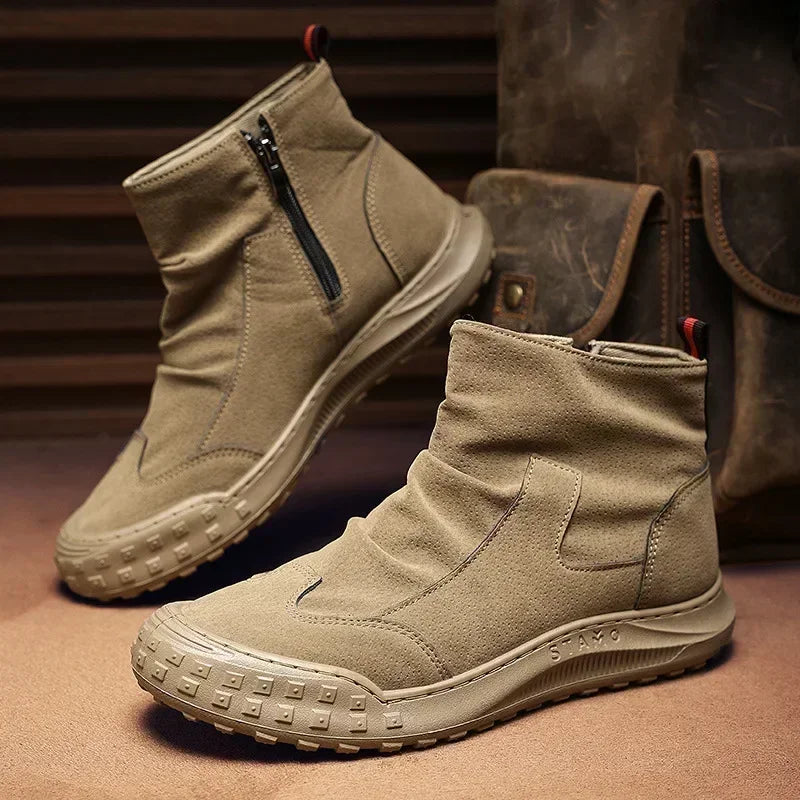 Men's Boots High Cut Workwear Shoes Autumn New Zipper Pleated Non Slip Comfort Thick Soled Wear-resistant Fashion Flat Boots