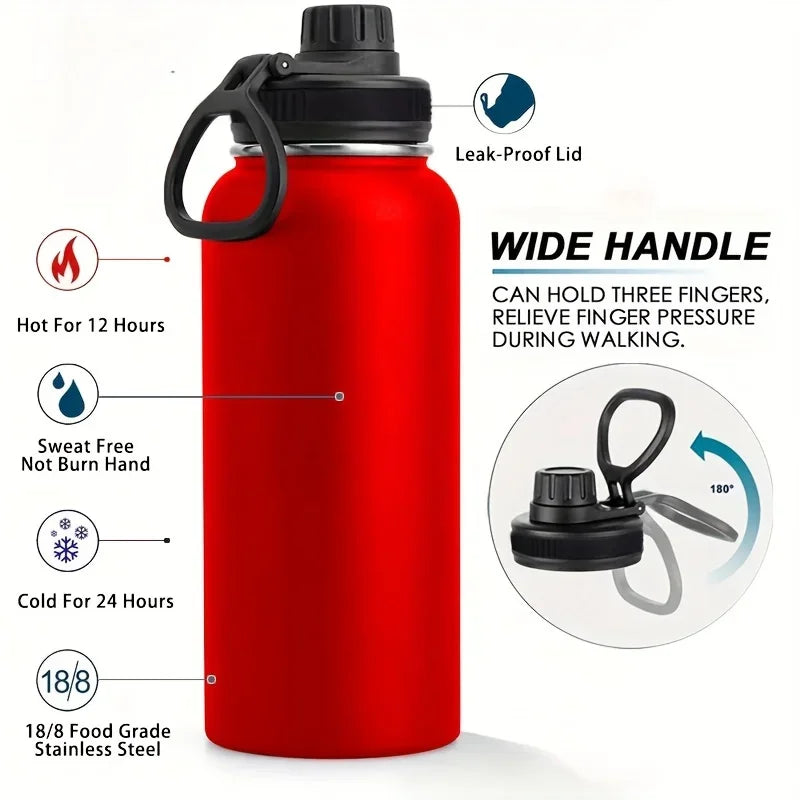 1pc Stainless Steel Insulated  1000ml/32oz Leakproof Water Bottle Double Wall Vacuum Thermal Drinkware Cup Perfect For Outdoor