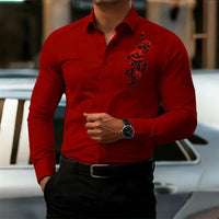 Men's long-sleeved shirt, featuring a vintage red rose print design.  A stylish business casual shirt and fashionable men's top.