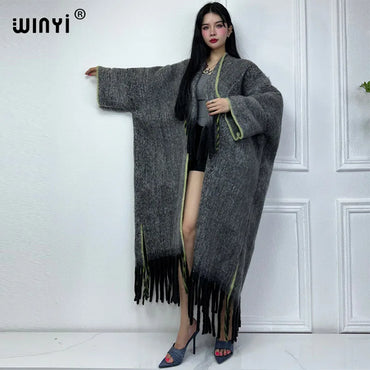 WINYI new Winter Women Solid color Luxury Fur Neutral coat Loose cardigan elegant Warm Female coat over poncho tassels jacket