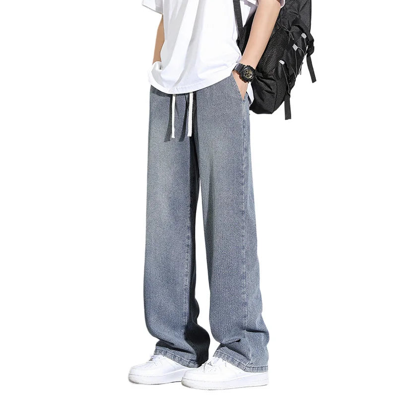 2025 men's fashionable loose wide leg jeans, casual straight leg high street retro loose jeans, casual comfortable jeans, elasti