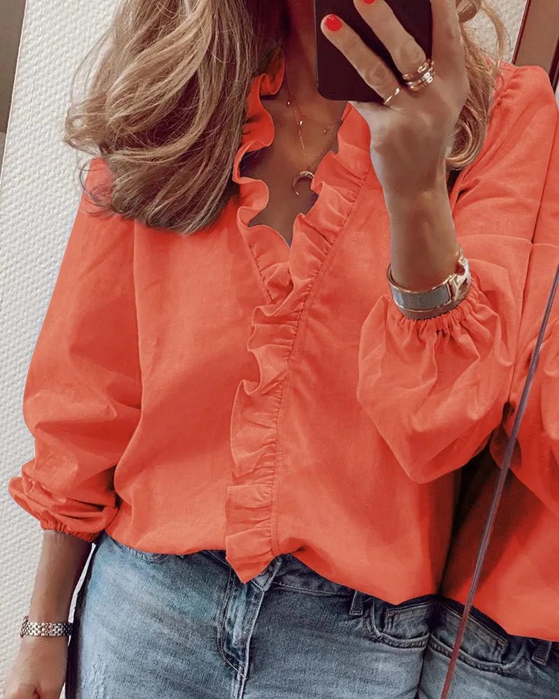 Spring and summer new long sleeved ruffled shirt women's shirt