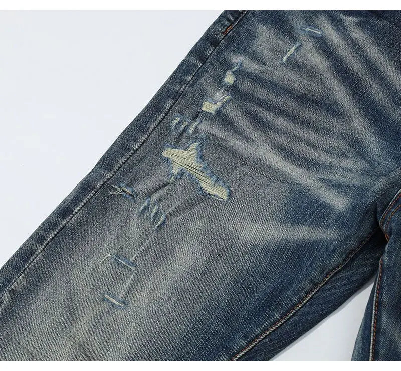 Fashionable new men's jeans with pleated elastic slim fit, retro washed blue jeans, high street designer hip-hop brand pants, ho